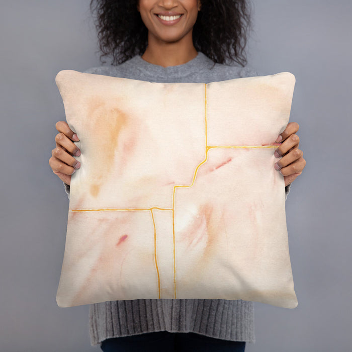 Person holding 18x18 Custom Wahoo Nebraska Map Throw Pillow in Watercolor