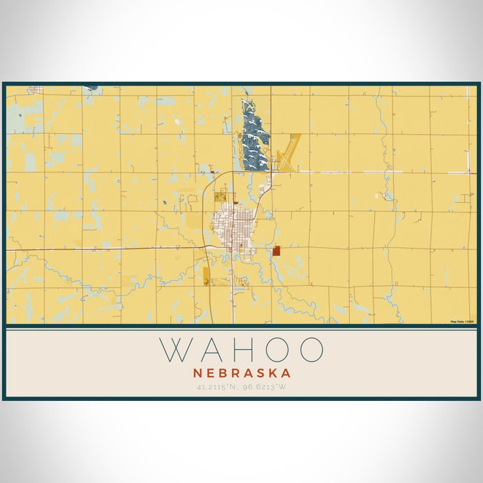Wahoo Nebraska Map Print Landscape Orientation in Woodblock Style With Shaded Background