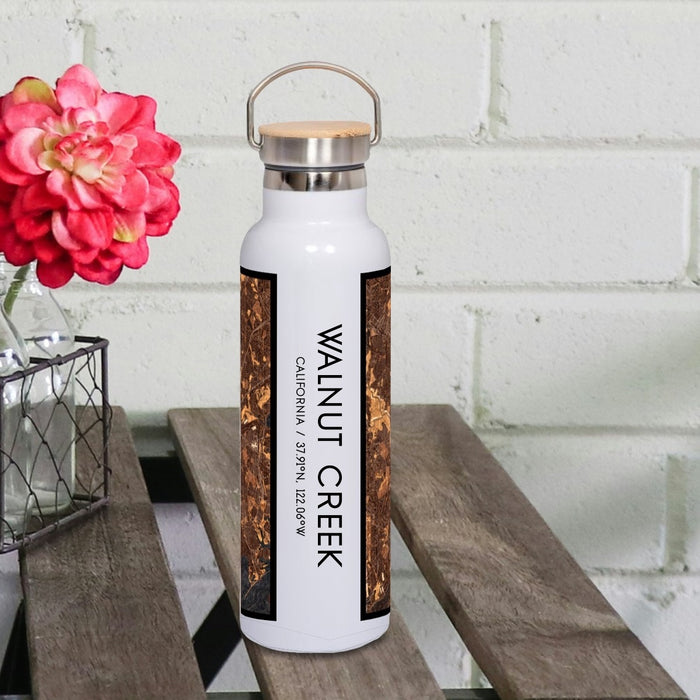 Walnut Creek California Custom City Map Inscription Coordinates on 20oz Stainless Steel Insulated Bottle with Bamboo Top with printed ember style map
