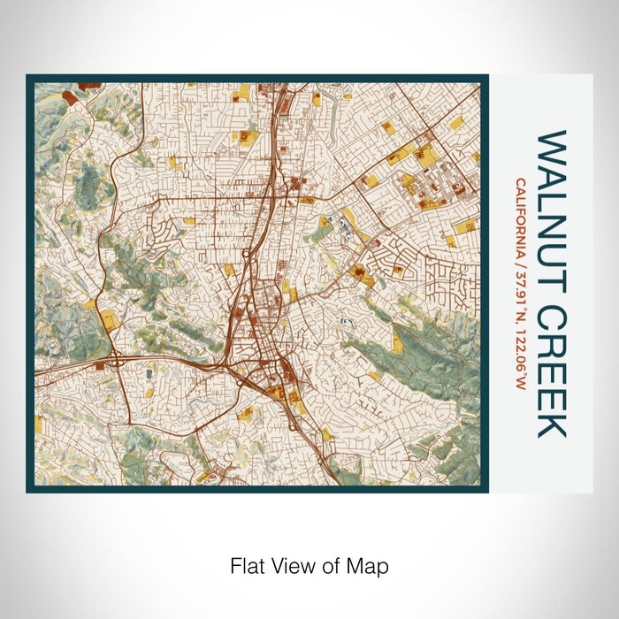 Rendered View of Walnut Creek California Map on 20oz Stainless Steel Insulated Bottle with Bamboo Top with printed woodblock style map