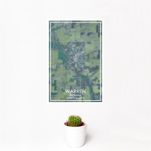 12x18 Warren Indiana Map Print Portrait Orientation in Afternoon Style With Small Cactus Plant in White Planter
