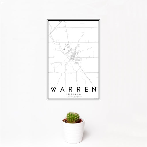 12x18 Warren Indiana Map Print Portrait Orientation in Classic Style With Small Cactus Plant in White Planter