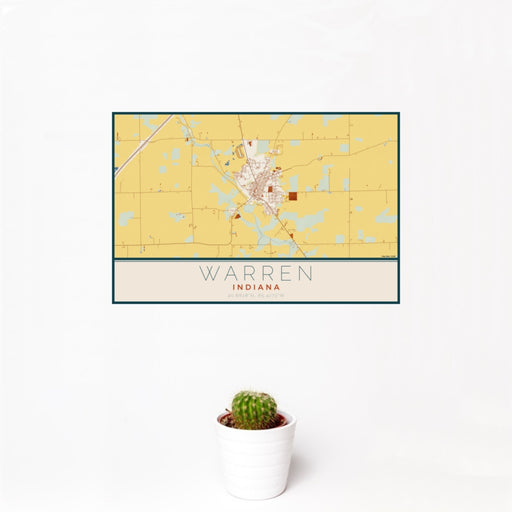 12x18 Warren Indiana Map Print Landscape Orientation in Woodblock Style With Small Cactus Plant in White Planter