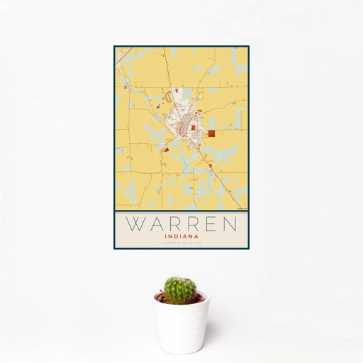 12x18 Warren Indiana Map Print Portrait Orientation in Woodblock Style With Small Cactus Plant in White Planter