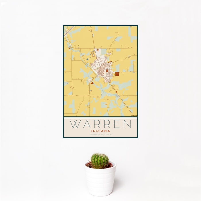 12x18 Warren Indiana Map Print Portrait Orientation in Woodblock Style With Small Cactus Plant in White Planter