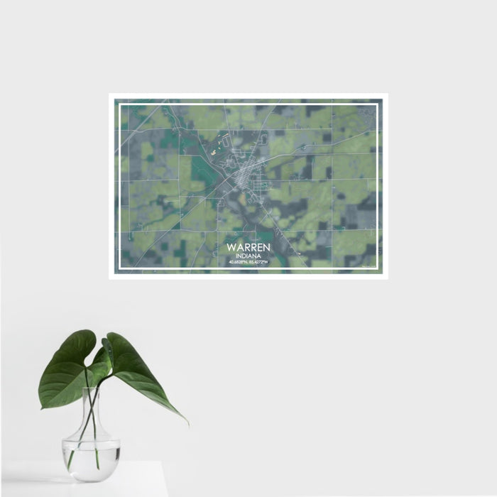 16x24 Warren Indiana Map Print Landscape Orientation in Afternoon Style With Tropical Plant Leaves in Water