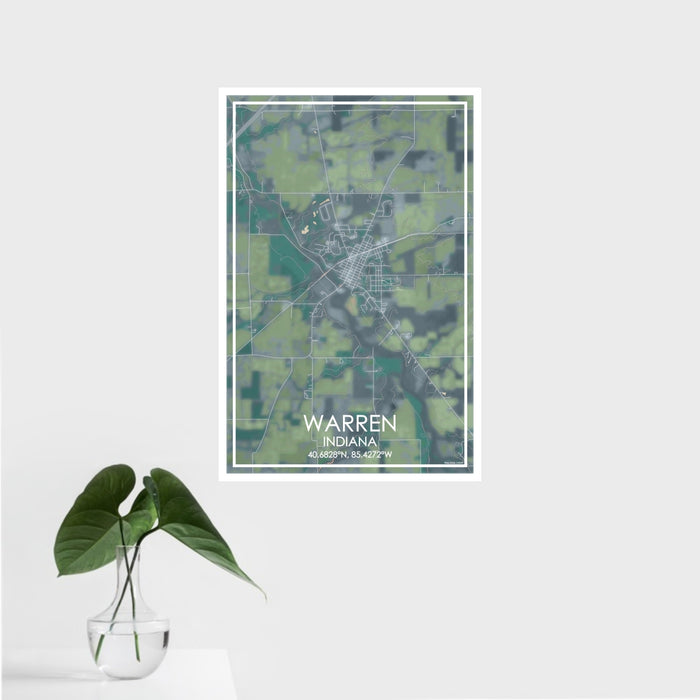 16x24 Warren Indiana Map Print Portrait Orientation in Afternoon Style With Tropical Plant Leaves in Water