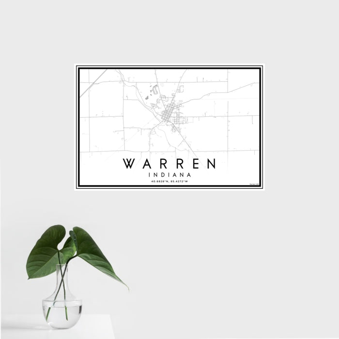 16x24 Warren Indiana Map Print Landscape Orientation in Classic Style With Tropical Plant Leaves in Water