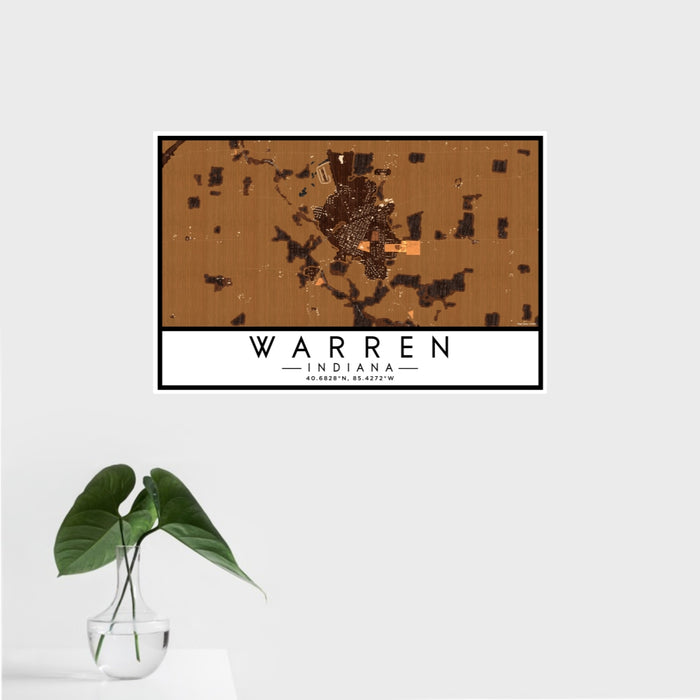 16x24 Warren Indiana Map Print Landscape Orientation in Ember Style With Tropical Plant Leaves in Water