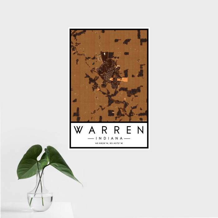 16x24 Warren Indiana Map Print Portrait Orientation in Ember Style With Tropical Plant Leaves in Water