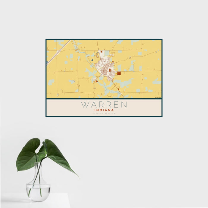 16x24 Warren Indiana Map Print Landscape Orientation in Woodblock Style With Tropical Plant Leaves in Water
