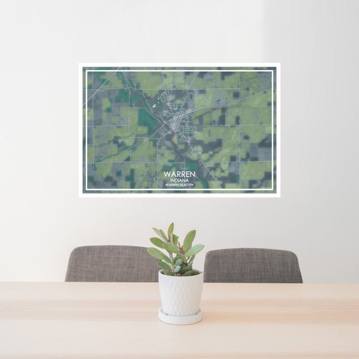24x36 Warren Indiana Map Print Lanscape Orientation in Afternoon Style Behind 2 Chairs Table and Potted Plant