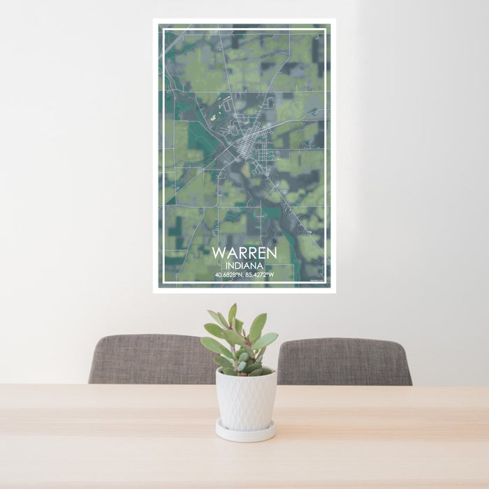 24x36 Warren Indiana Map Print Portrait Orientation in Afternoon Style Behind 2 Chairs Table and Potted Plant