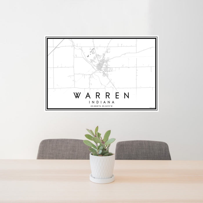 24x36 Warren Indiana Map Print Lanscape Orientation in Classic Style Behind 2 Chairs Table and Potted Plant