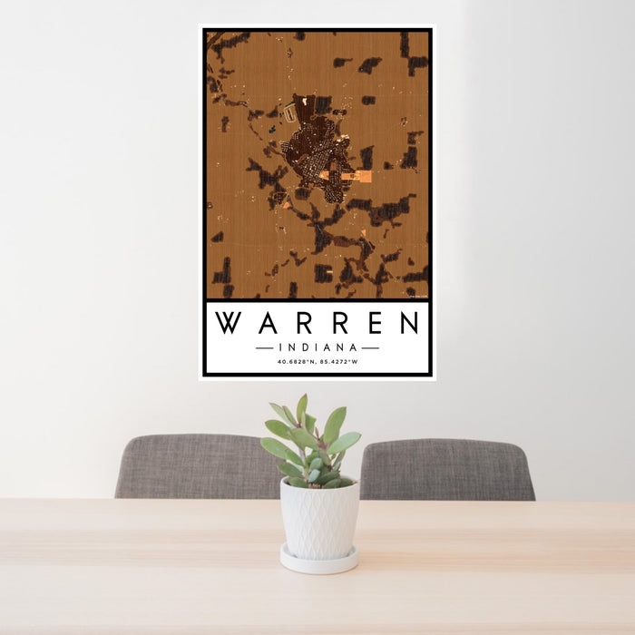 24x36 Warren Indiana Map Print Portrait Orientation in Ember Style Behind 2 Chairs Table and Potted Plant