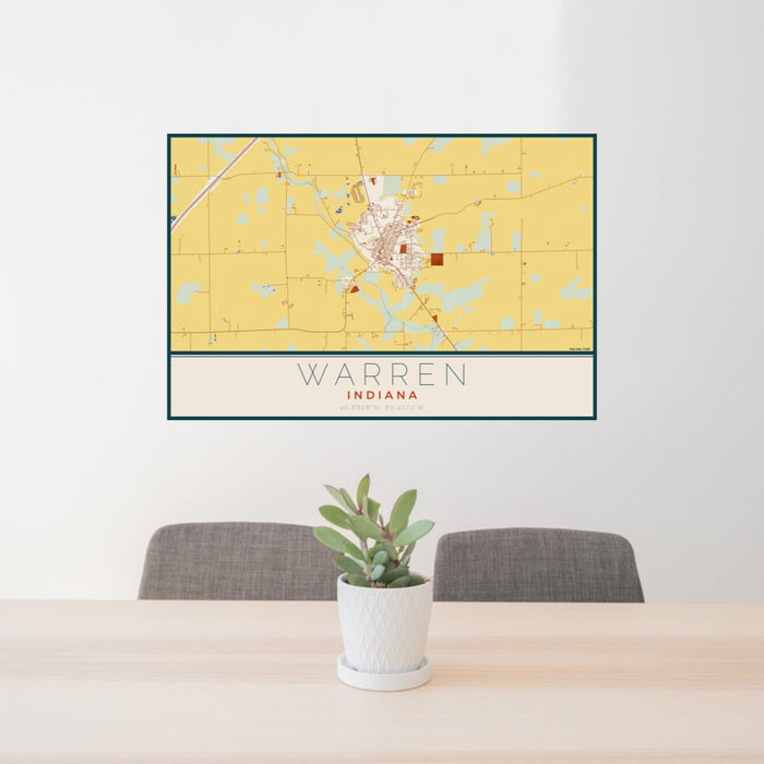 24x36 Warren Indiana Map Print Lanscape Orientation in Woodblock Style Behind 2 Chairs Table and Potted Plant