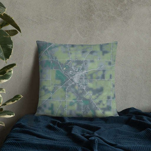 Custom Warren Indiana Map Throw Pillow in Afternoon on Bedding Against Wall