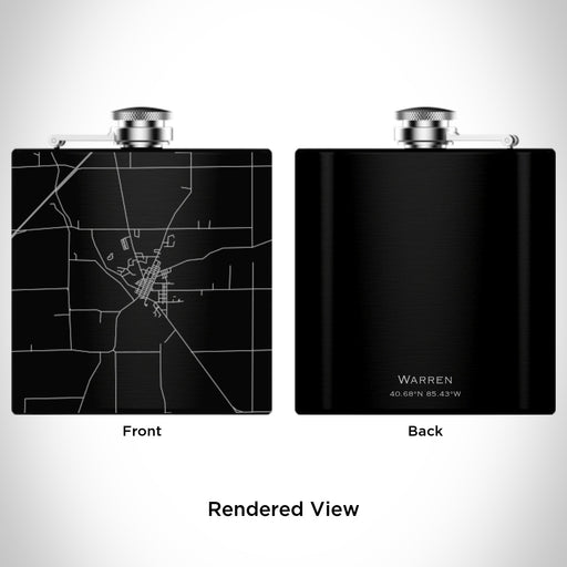 Rendered View of Warren Indiana Map Engraving on 6oz Stainless Steel Flask in Black