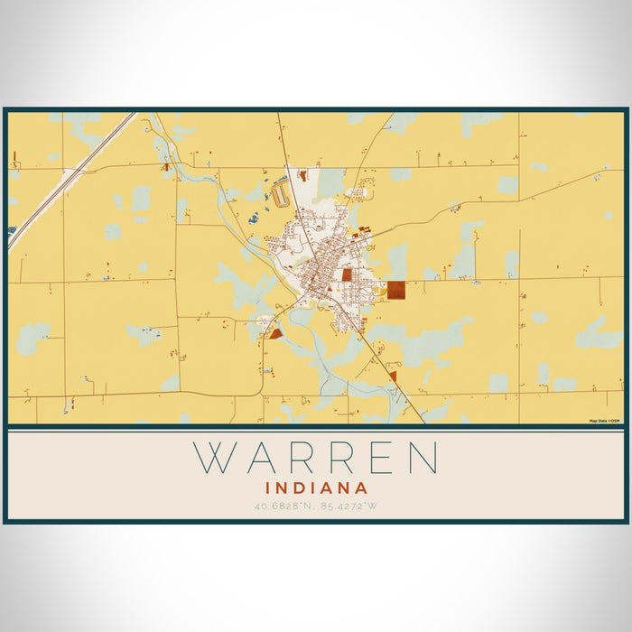 Warren Indiana Map Print Landscape Orientation in Woodblock Style With Shaded Background
