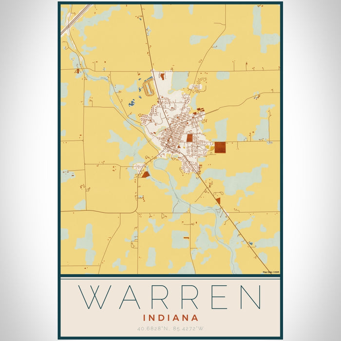 Warren Indiana Map Print Portrait Orientation in Woodblock Style With Shaded Background
