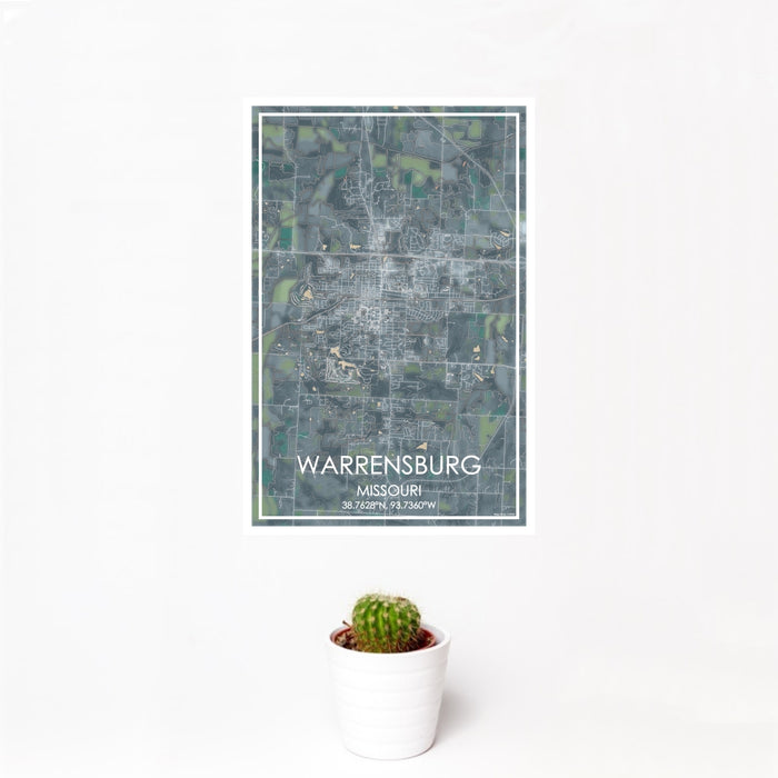 12x18 Warrensburg Missouri Map Print Portrait Orientation in Afternoon Style With Small Cactus Plant in White Planter