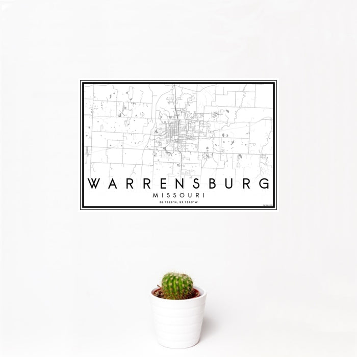 12x18 Warrensburg Missouri Map Print Landscape Orientation in Classic Style With Small Cactus Plant in White Planter