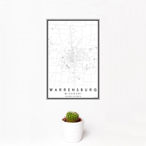 12x18 Warrensburg Missouri Map Print Portrait Orientation in Classic Style With Small Cactus Plant in White Planter