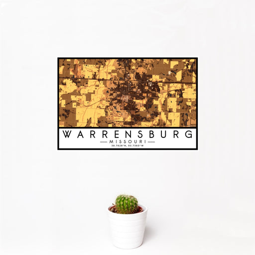 12x18 Warrensburg Missouri Map Print Landscape Orientation in Ember Style With Small Cactus Plant in White Planter