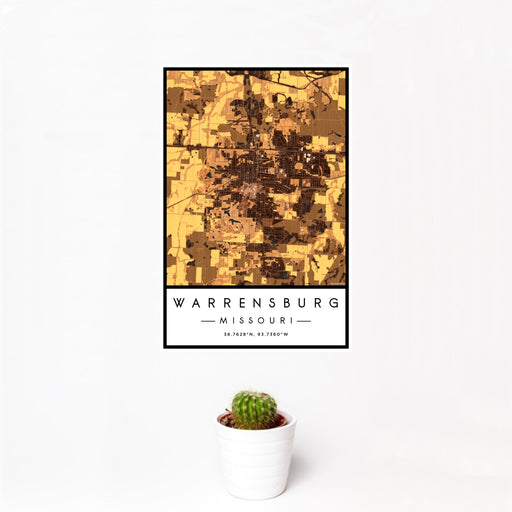 12x18 Warrensburg Missouri Map Print Portrait Orientation in Ember Style With Small Cactus Plant in White Planter
