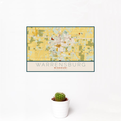 12x18 Warrensburg Missouri Map Print Landscape Orientation in Woodblock Style With Small Cactus Plant in White Planter
