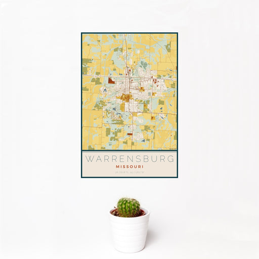 12x18 Warrensburg Missouri Map Print Portrait Orientation in Woodblock Style With Small Cactus Plant in White Planter