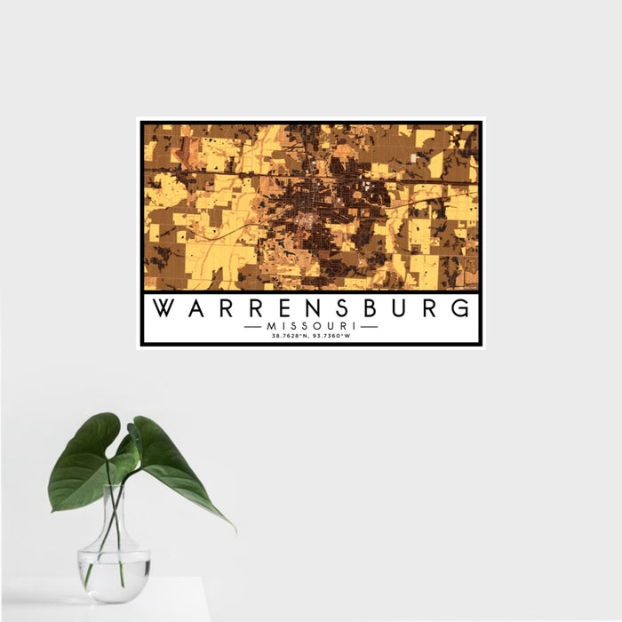 16x24 Warrensburg Missouri Map Print Landscape Orientation in Ember Style With Tropical Plant Leaves in Water