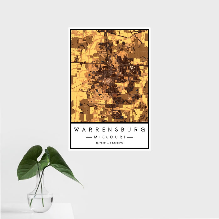 16x24 Warrensburg Missouri Map Print Portrait Orientation in Ember Style With Tropical Plant Leaves in Water