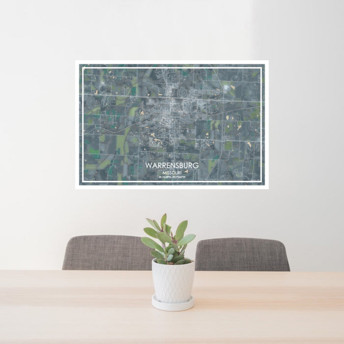 24x36 Warrensburg Missouri Map Print Lanscape Orientation in Afternoon Style Behind 2 Chairs Table and Potted Plant