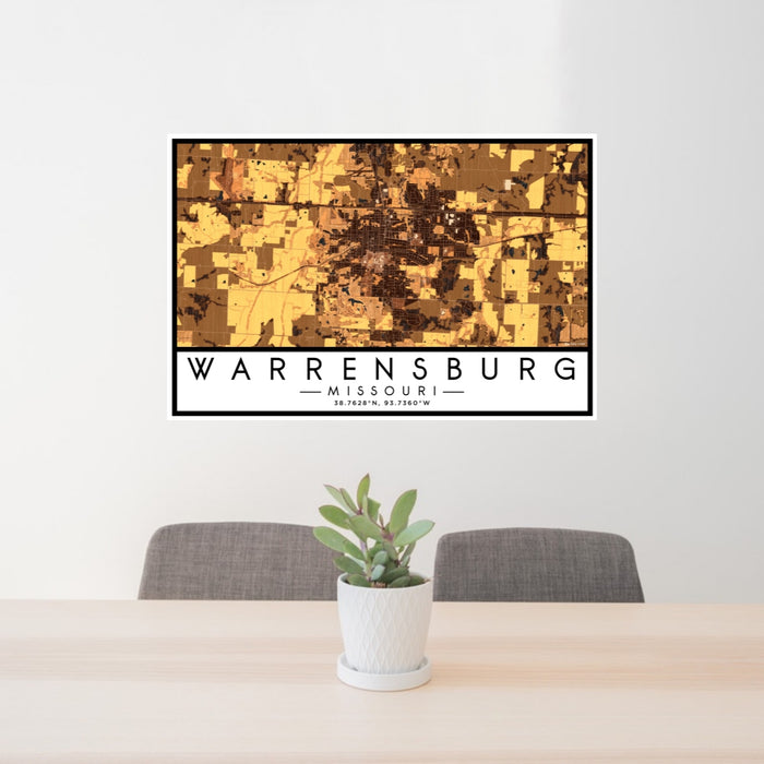 24x36 Warrensburg Missouri Map Print Lanscape Orientation in Ember Style Behind 2 Chairs Table and Potted Plant