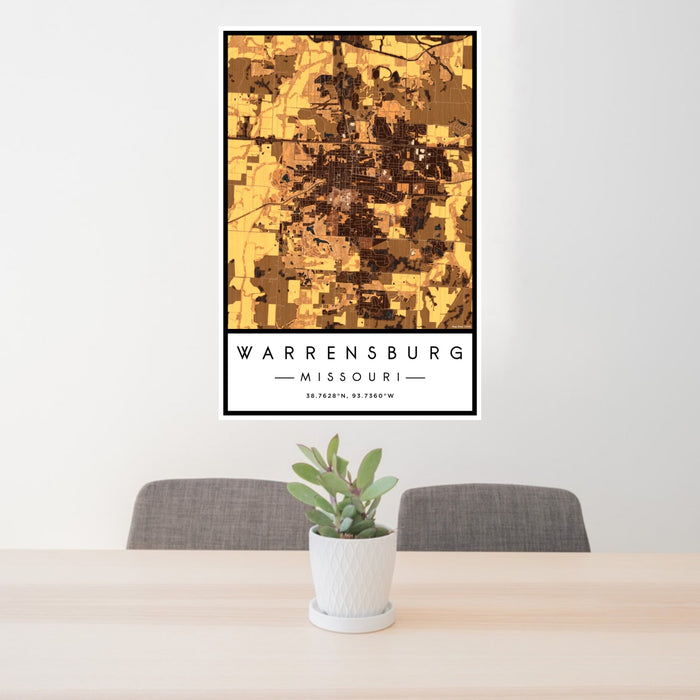 24x36 Warrensburg Missouri Map Print Portrait Orientation in Ember Style Behind 2 Chairs Table and Potted Plant