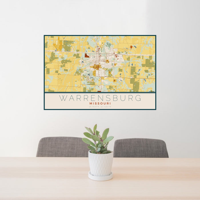 24x36 Warrensburg Missouri Map Print Lanscape Orientation in Woodblock Style Behind 2 Chairs Table and Potted Plant