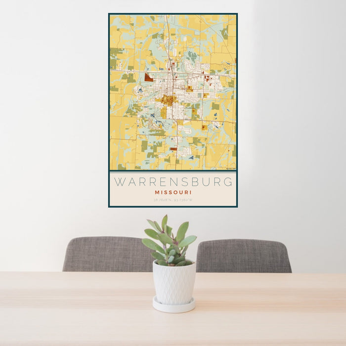 24x36 Warrensburg Missouri Map Print Portrait Orientation in Woodblock Style Behind 2 Chairs Table and Potted Plant