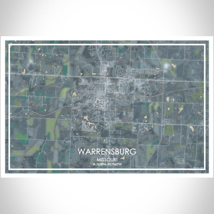 Warrensburg Missouri Map Print Landscape Orientation in Afternoon Style With Shaded Background