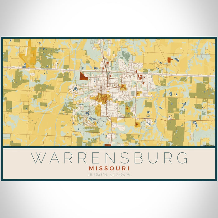 Warrensburg Missouri Map Print Landscape Orientation in Woodblock Style With Shaded Background