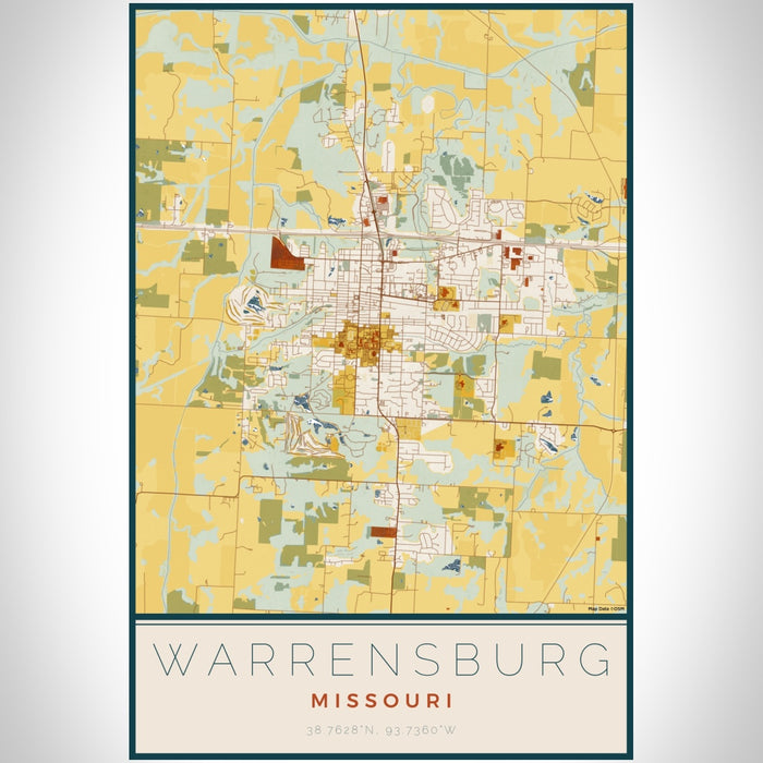 Warrensburg Missouri Map Print Portrait Orientation in Woodblock Style With Shaded Background