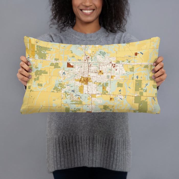 Person holding 20x12 Custom Warrensburg Missouri Map Throw Pillow in Woodblock