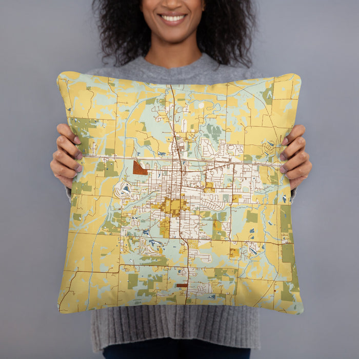Person holding 18x18 Custom Warrensburg Missouri Map Throw Pillow in Woodblock