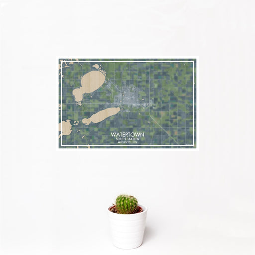 12x18 Watertown South Dakota Map Print Landscape Orientation in Afternoon Style With Small Cactus Plant in White Planter