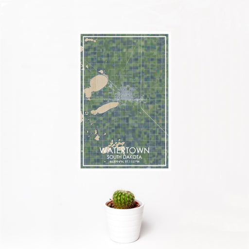 12x18 Watertown South Dakota Map Print Portrait Orientation in Afternoon Style With Small Cactus Plant in White Planter