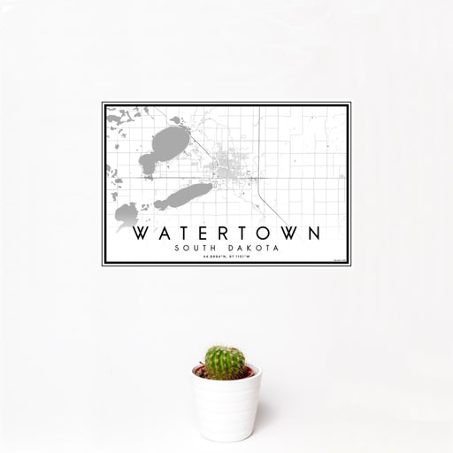 12x18 Watertown South Dakota Map Print Landscape Orientation in Classic Style With Small Cactus Plant in White Planter