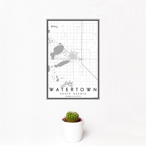12x18 Watertown South Dakota Map Print Portrait Orientation in Classic Style With Small Cactus Plant in White Planter