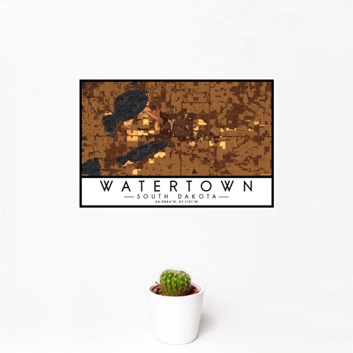 12x18 Watertown South Dakota Map Print Landscape Orientation in Ember Style With Small Cactus Plant in White Planter