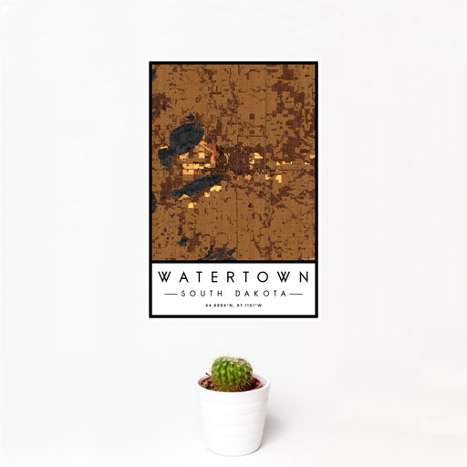 12x18 Watertown South Dakota Map Print Portrait Orientation in Ember Style With Small Cactus Plant in White Planter