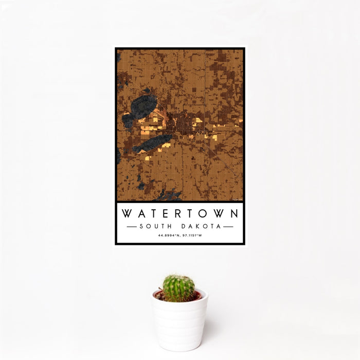 12x18 Watertown South Dakota Map Print Portrait Orientation in Ember Style With Small Cactus Plant in White Planter